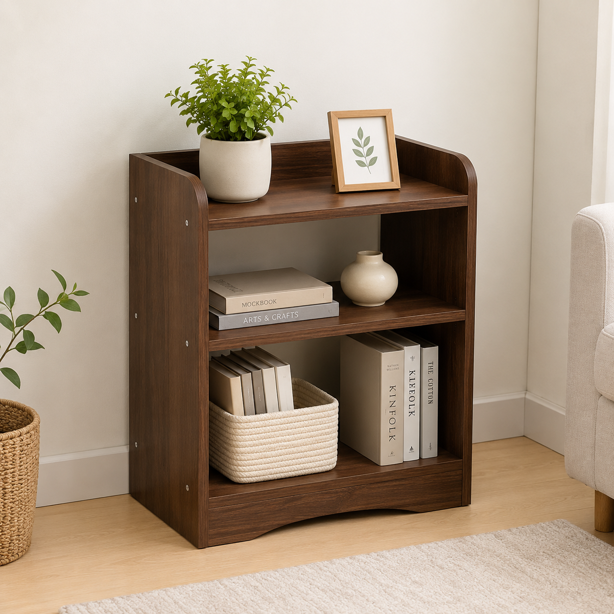 Modern 3 Tier Open Shelf Bedside Table for Bedroom, Dark Walnut Particle Board Nightstand with Spacious Storage, Compact Wooden Side Table