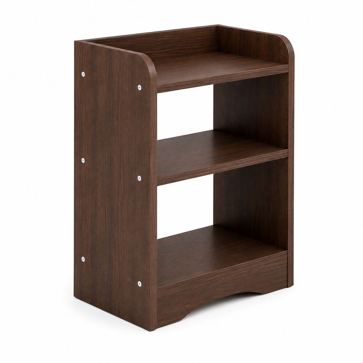 Modern 3 Tier Open Shelf Bedside Table for Bedroom, Dark Walnut Particle Board Nightstand with Spacious Storage, Compact Wooden Side Table