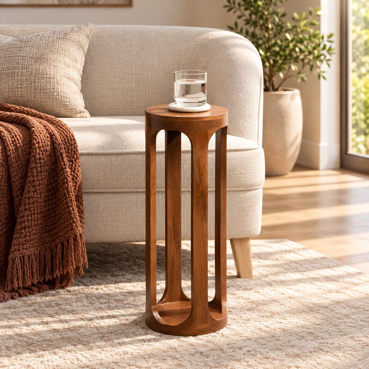 Tall Round Bedside Table with Arched Open Frame, Slim Pedestal Design & Compact Top for Bedroom, Living Room, Lounge & Hotel