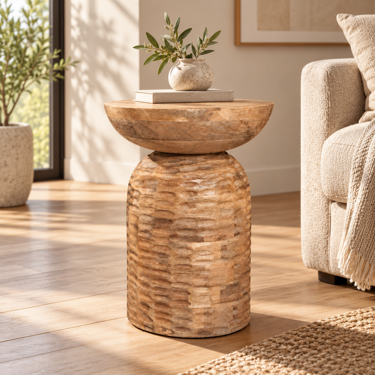 Sculptural Drum Side Table with Hand-Textured Pedestal, Rounded Bowl Top & Natural Rustic Design for Bedroom, Lounge & Living Room