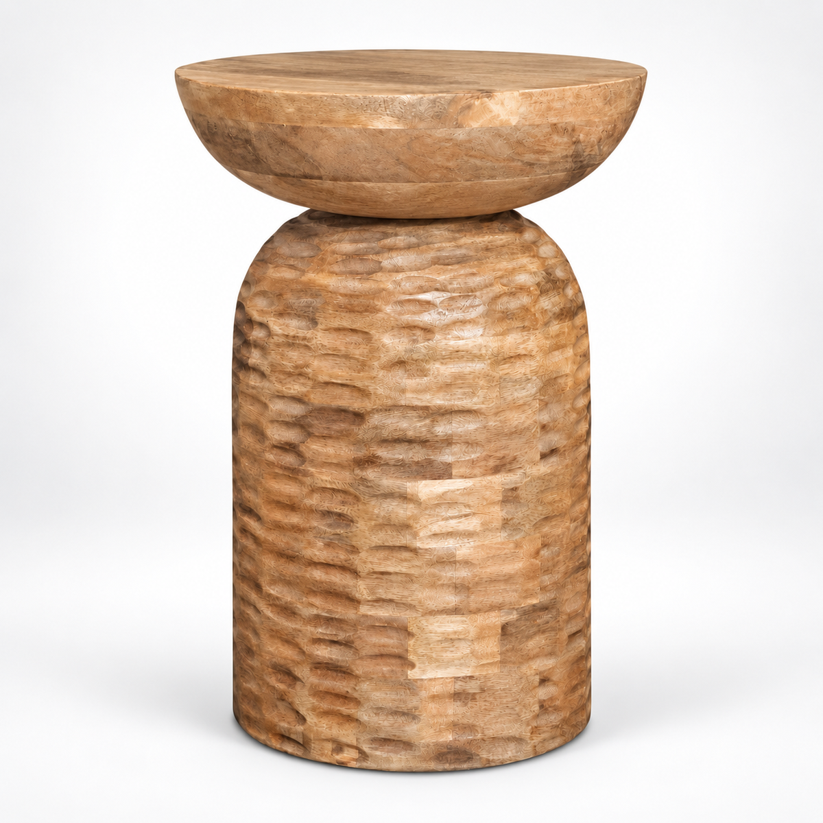 Sculptural Drum Side Table with Hand-Textured Pedestal, Rounded Bowl Top & Natural Rustic Design for Bedroom, Lounge & Living Room