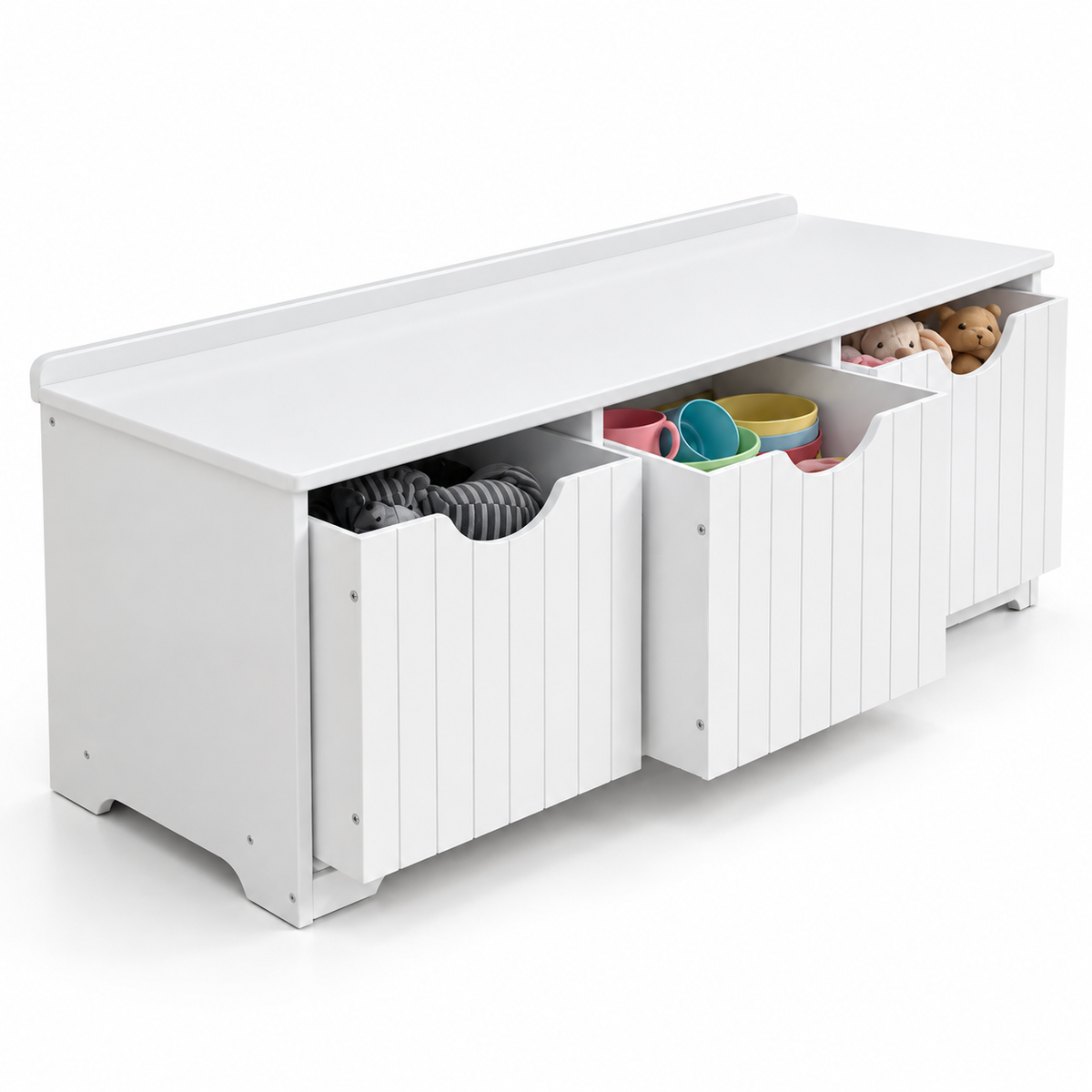 White Wooden Kids Toy Storage Bench Unit with 3 Pull-Out Bins and Seating Bench Top for Playroom Nursery Bedroom