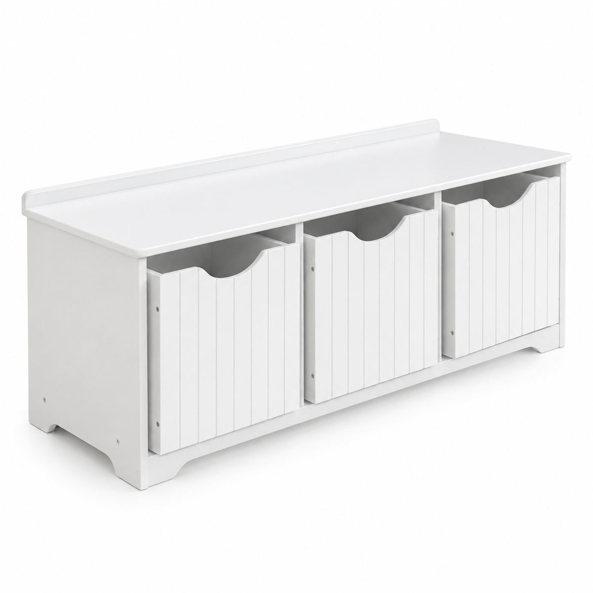 White Wooden Kids Toy Storage Bench Unit with 3 Pull-Out Bins and Seating Bench Top for Playroom Nursery Bedroom