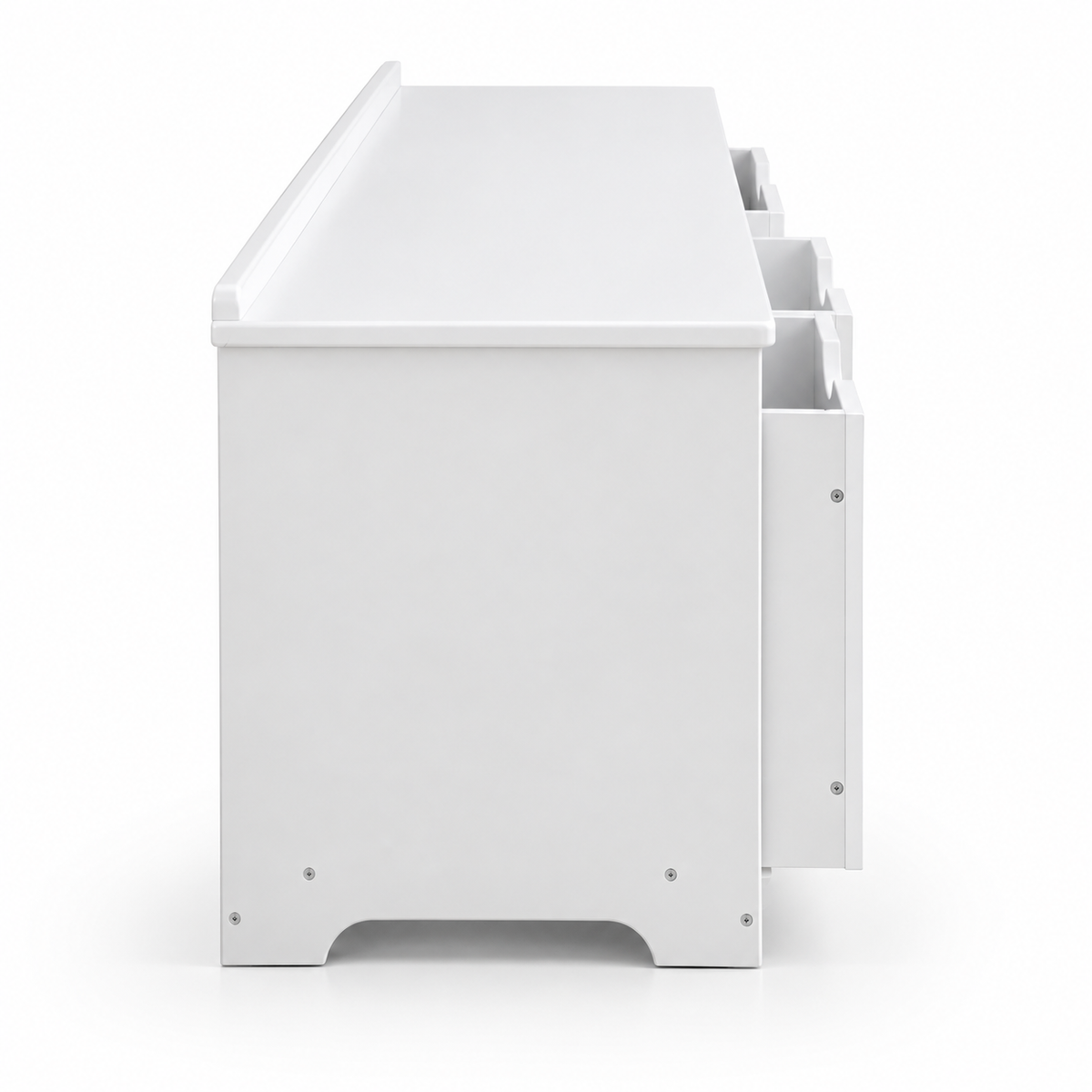 White Wooden Kids Toy Storage Bench Unit with 3 Pull-Out Bins and Seating Bench Top for Playroom Nursery Bedroom