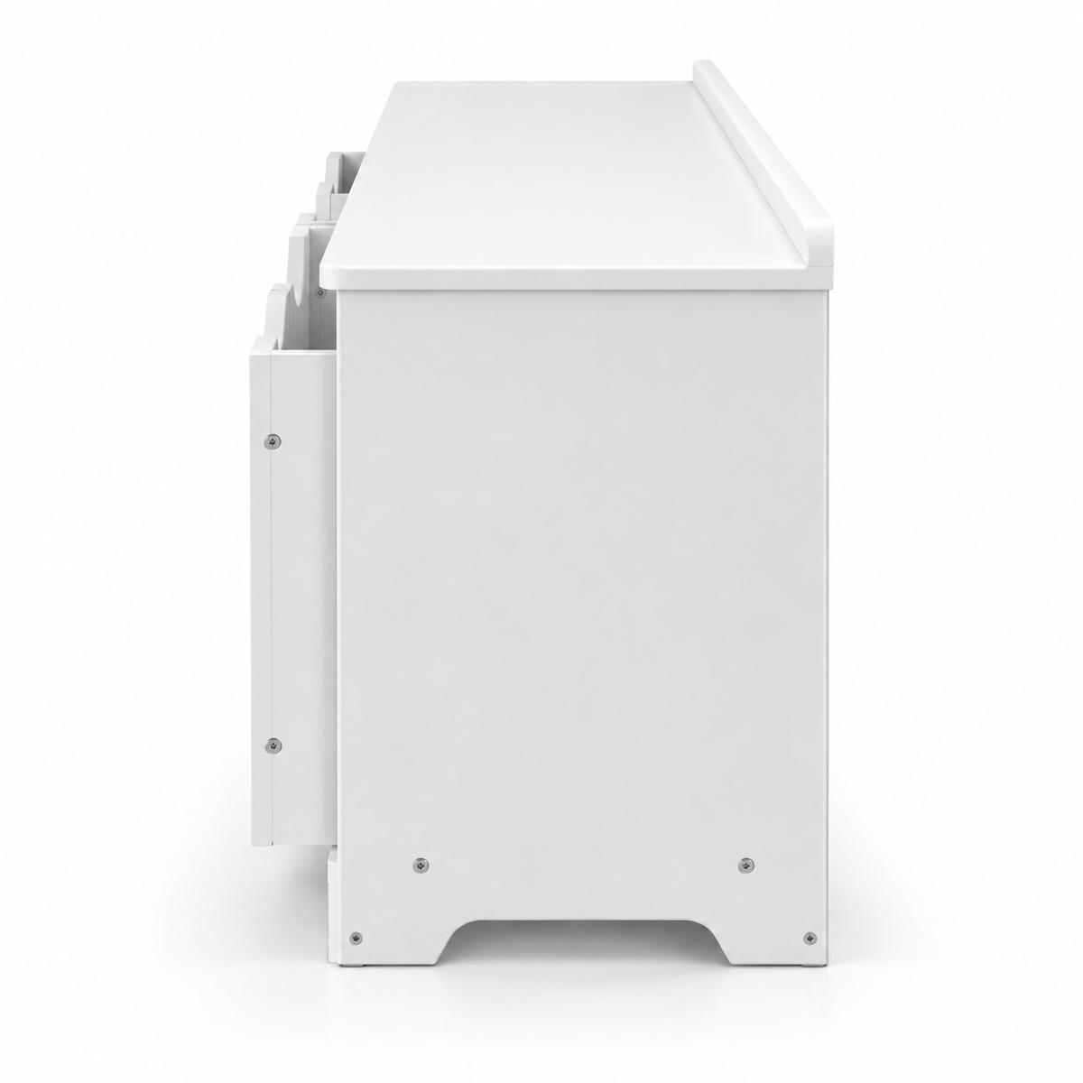 White Wooden Kids Toy Storage Bench Unit with 3 Pull-Out Bins and Seating Bench Top for Playroom Nursery Bedroom
