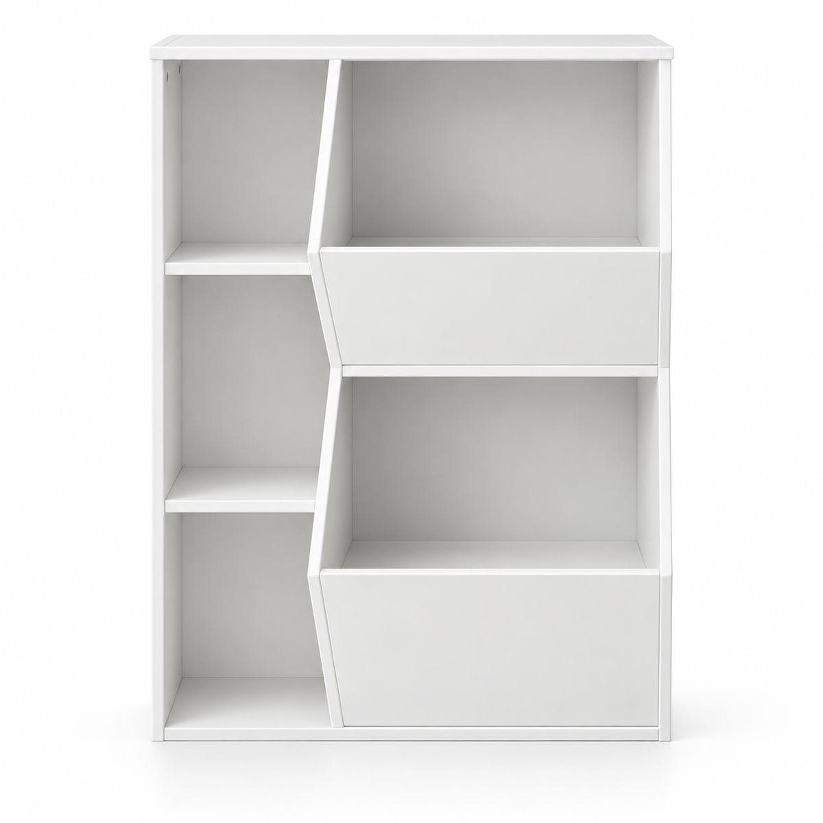 Modern White Wooden Kids Toy Storage Cabinet Unit with Open Bins and Side Display Shelves for Nursery Playroom Bedroom
