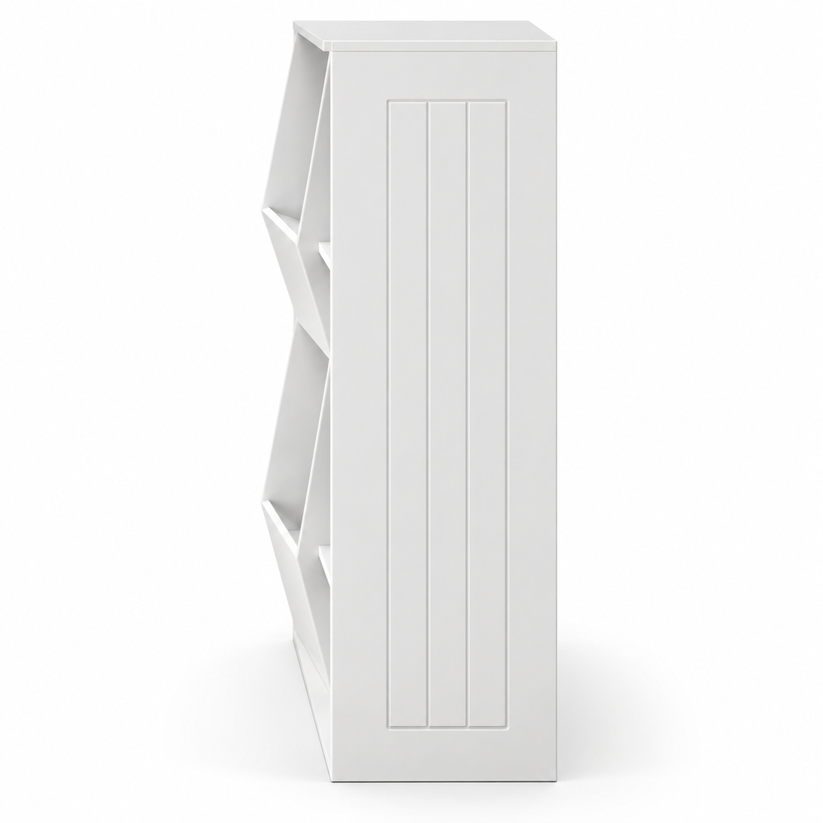 Modern White Wooden Kids Toy Storage Cabinet Unit with Open Bins and Side Display Shelves for Nursery Playroom Bedroom