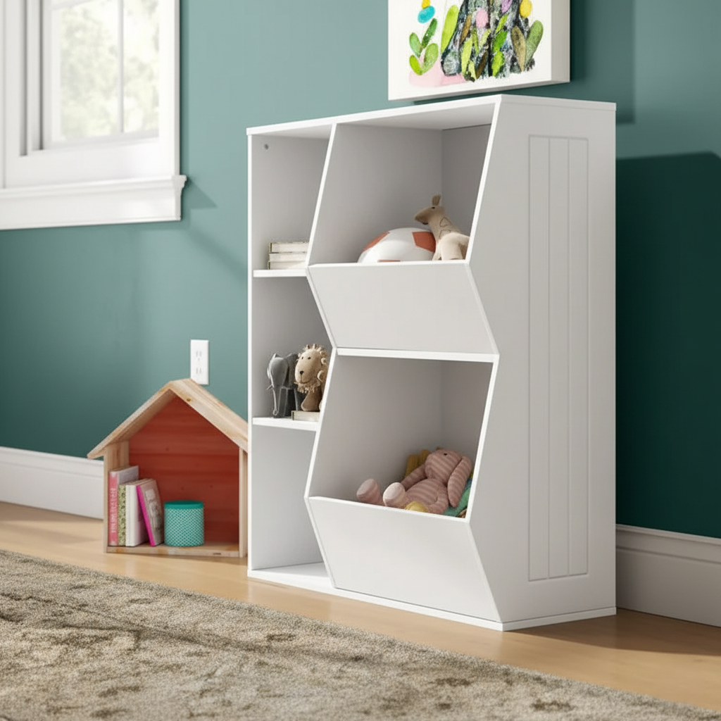 Minimal White Kids Bookcase with Open Shelves - Children’s Storage Unit for Books, Toys and Display