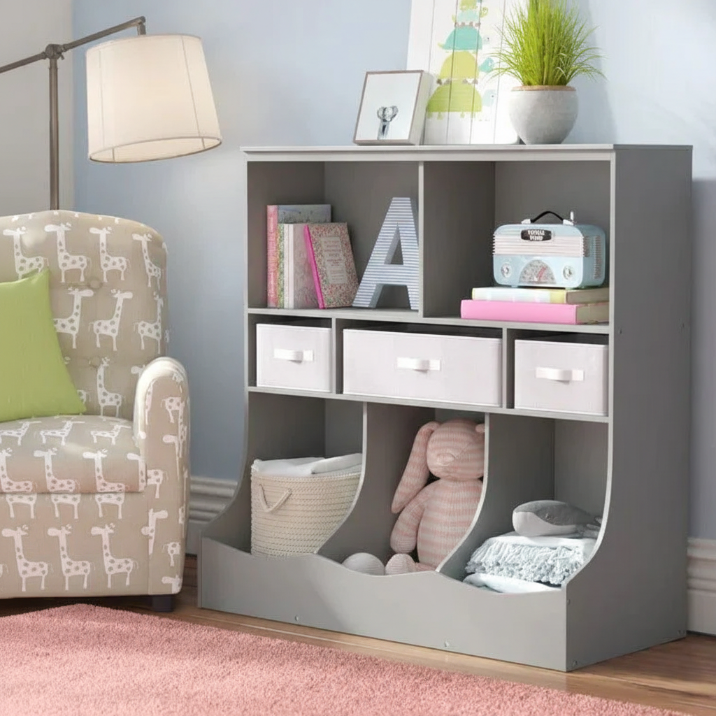 Kids Storage Bookcase with Open Shelves and Fabric Bins - Grey Children’s Book Organizer and Toy Storage Unit for Bedroom and Playroom