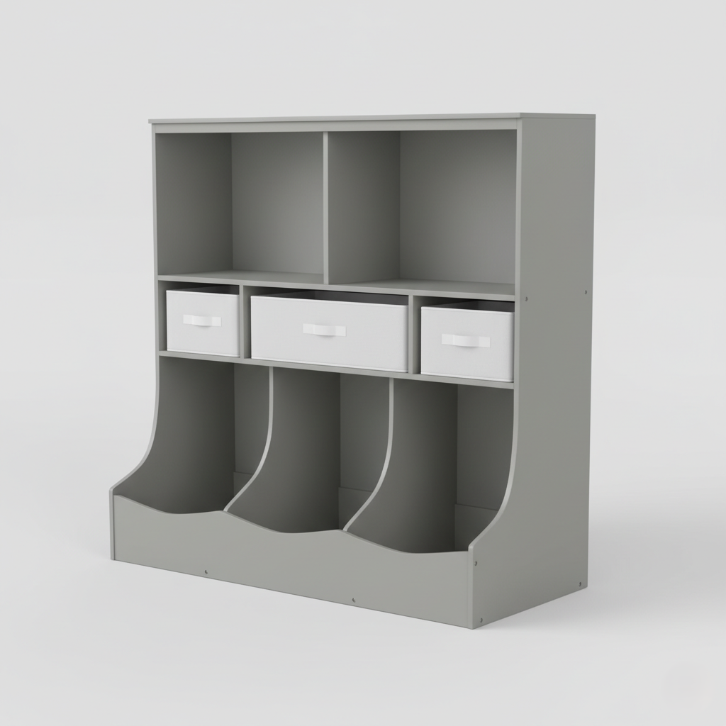 Kids Storage Bookcase with Open Shelves and Fabric Bins - Grey Children’s Book Organizer and Toy Storage Unit for Bedroom and Playroom