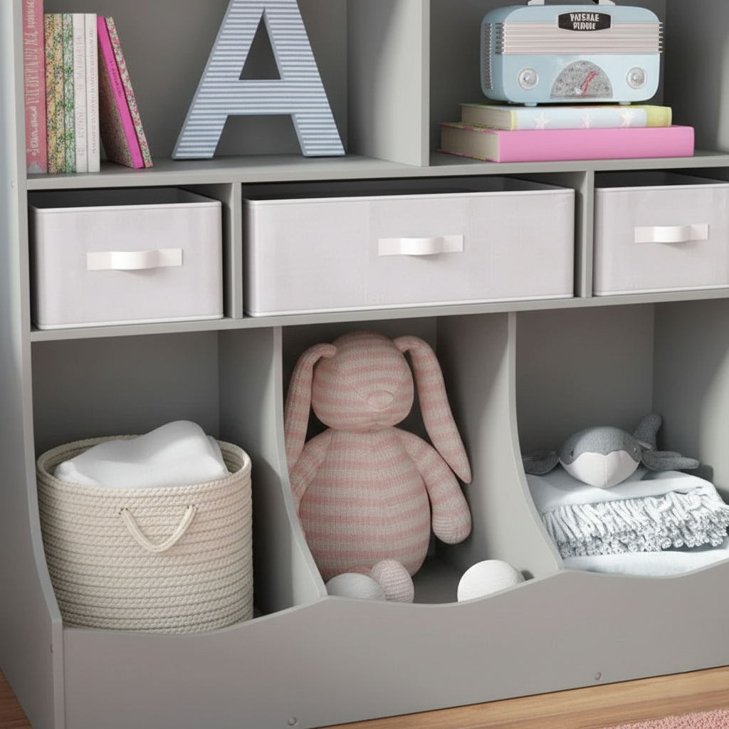 Kids Storage Bookcase with Open Shelves and Fabric Bins - Grey Children’s Book Organizer and Toy Storage Unit for Bedroom and Playroom