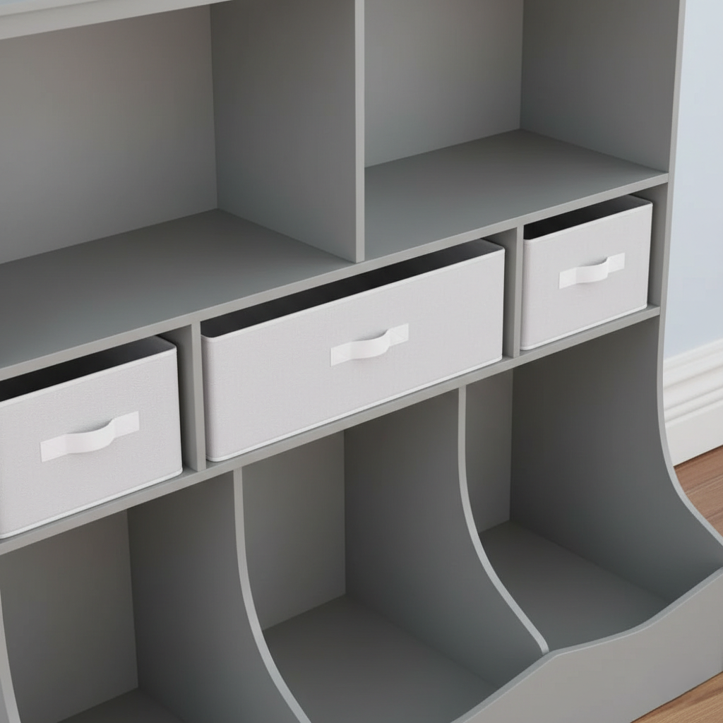 Kids Storage Bookcase with Open Shelves and Fabric Bins - Grey Children’s Book Organizer and Toy Storage Unit for Bedroom and Playroom