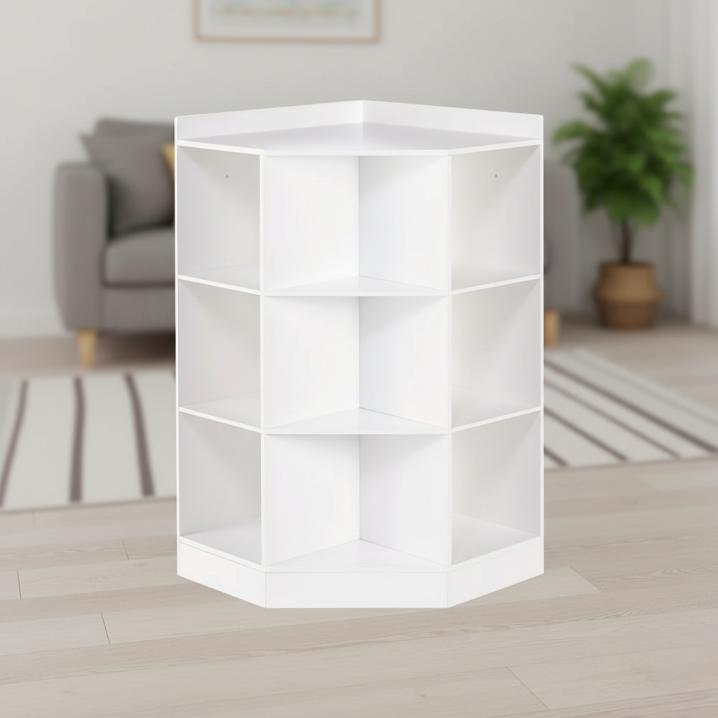 Kids Corner Bookcase with Open Shelves - White Wooden Storage for Kids Rooms