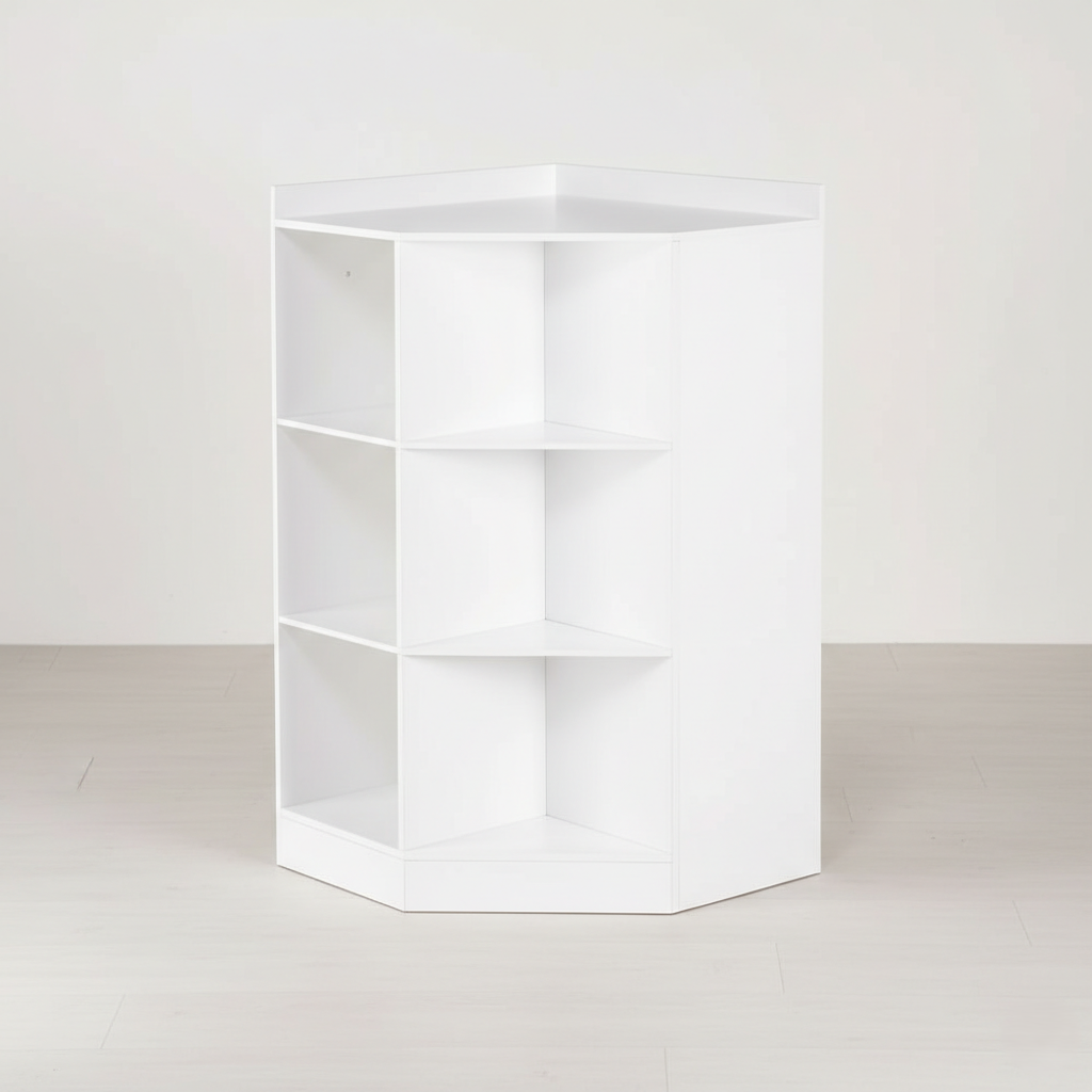 Kids Corner Bookcase with Open Shelves - White Wooden Storage for Kids Rooms