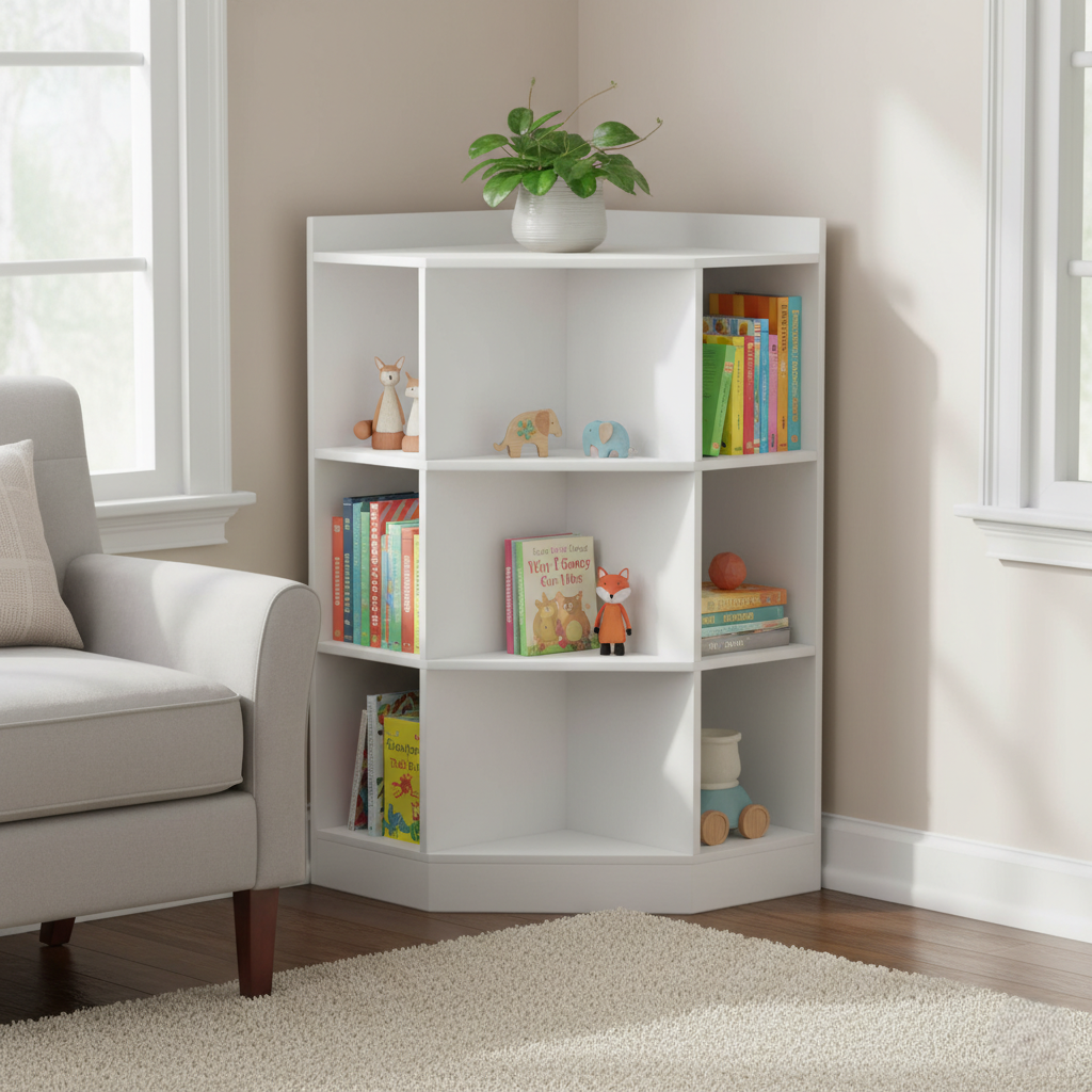 Kids Corner Bookcase with Open Shelves - White Wooden Storage for Kids Rooms