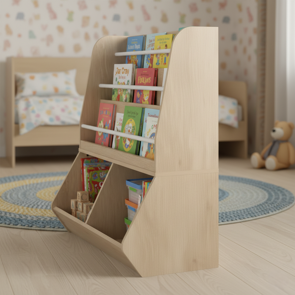 Kids Bookcase with Tiered Open Shelves and Lower Storage Sections - Natural Wooden Organizer for Books, Toys and Learning Essentials