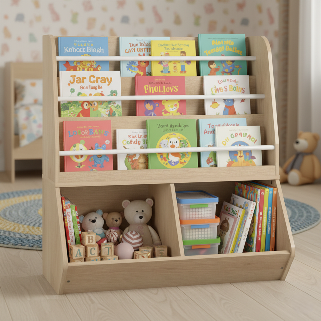 Kids Bookcase with Tiered Open Shelves and Lower Storage Sections - Natural Wooden Organizer for Books, Toys and Learning Essentials