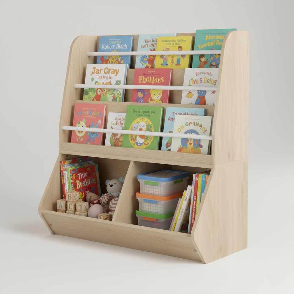 Kids Bookcase with Tiered Open Shelves and Lower Storage Sections - Natural Wooden Organizer for Books, Toys and Learning Essentials