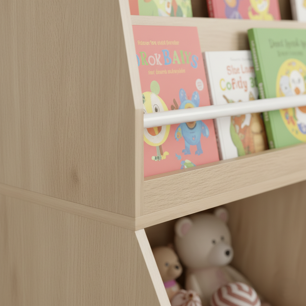 Kids Bookcase with Tiered Open Shelves and Lower Storage Sections - Natural Wooden Organizer for Books, Toys and Learning Essentials