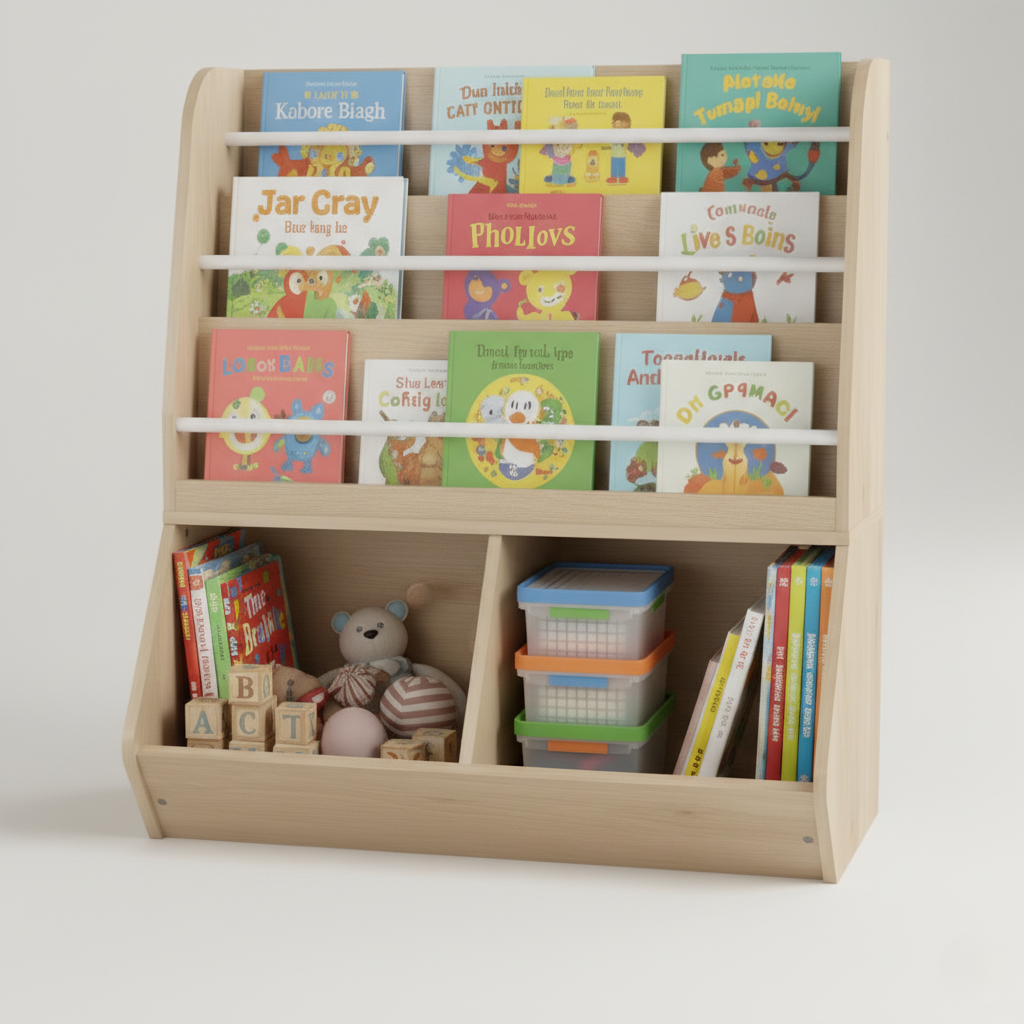 Kids Bookcase with Tiered Open Shelves and Lower Storage Sections - Natural Wooden Organizer for Books, Toys and Learning Essentials