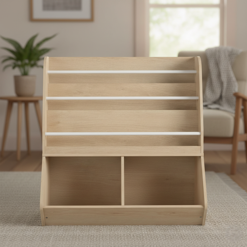 Kids Bookcase with Tiered Open Shelves and Lower Storage Sections - Natural Wooden Organizer for Books, Toys and Learning Essentials