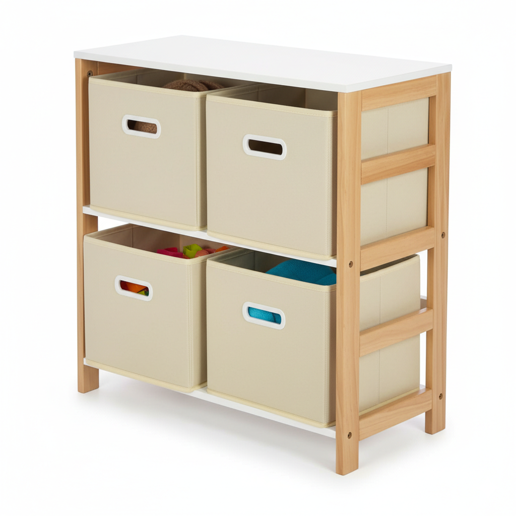 Kids Storage Bookcase with Open Shelves and Fabric Bins - White and Natural Wood Organizer for Toys, Books and Playroom Essentials