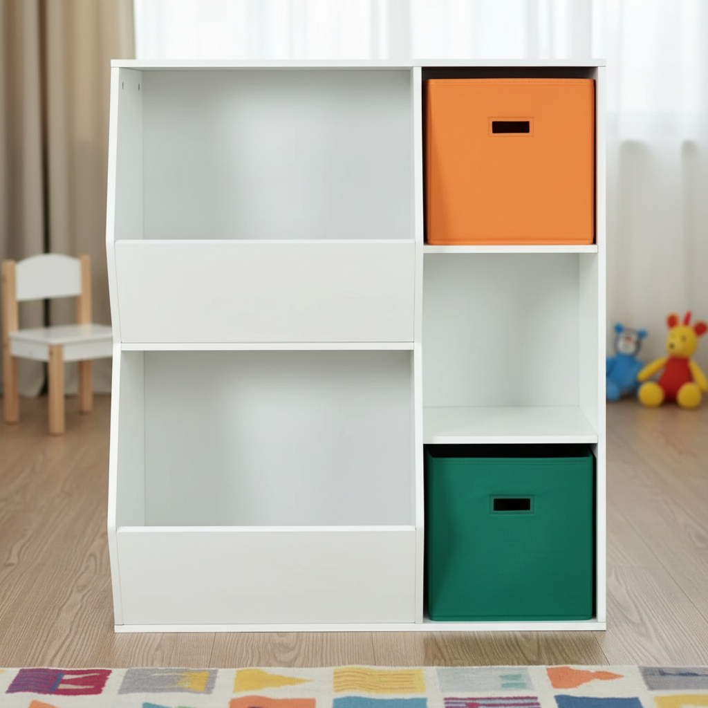 Kids Bookcase with Open Shelves and Storage Cubes in White - Children’s Bookshelf Organizer for Books, Toys and Playroom Essentials
