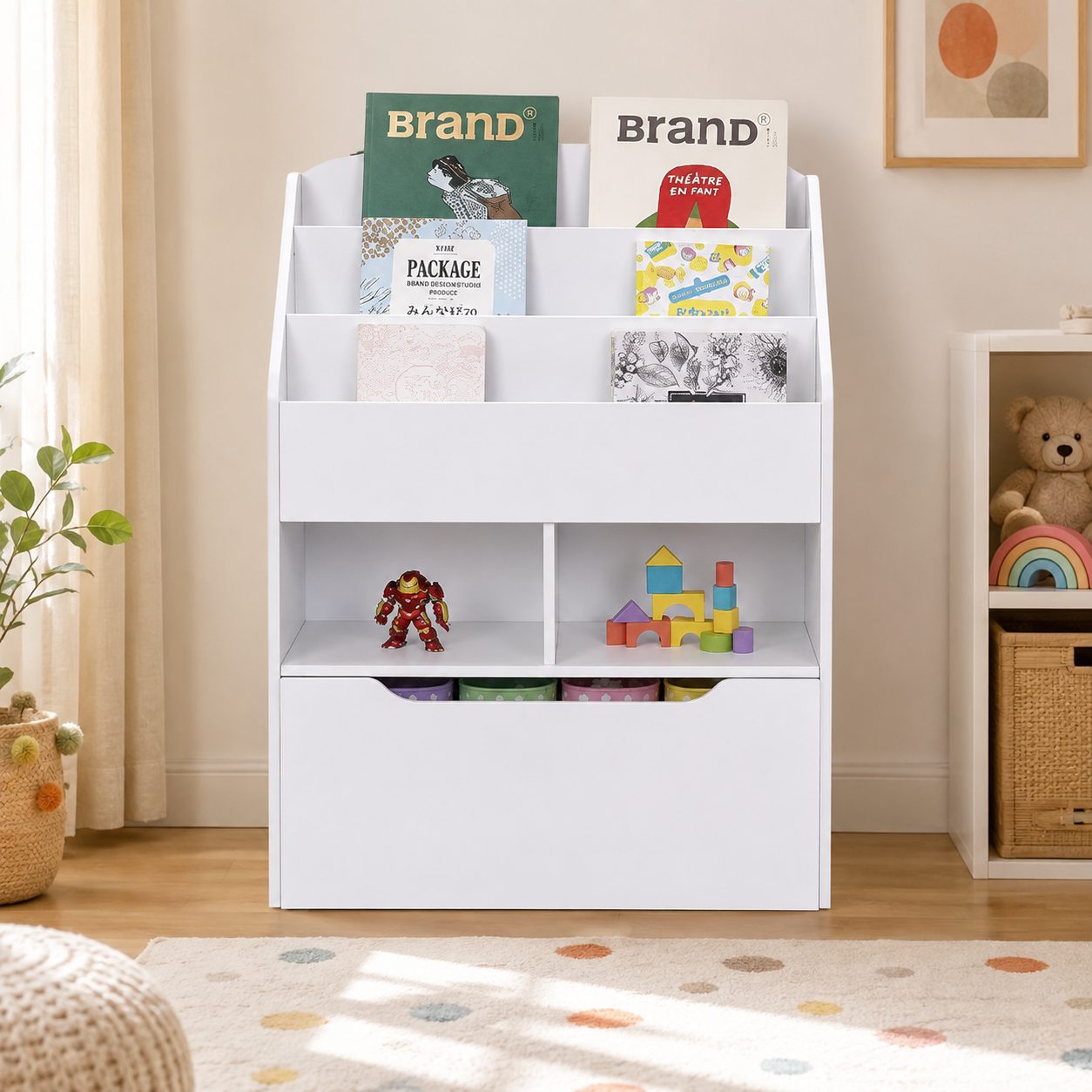 Kids Front-Facing Book Rack with Three Display Tiers, Two Open Toy Compartments and Large Bottom Storage Drawer in White Finish