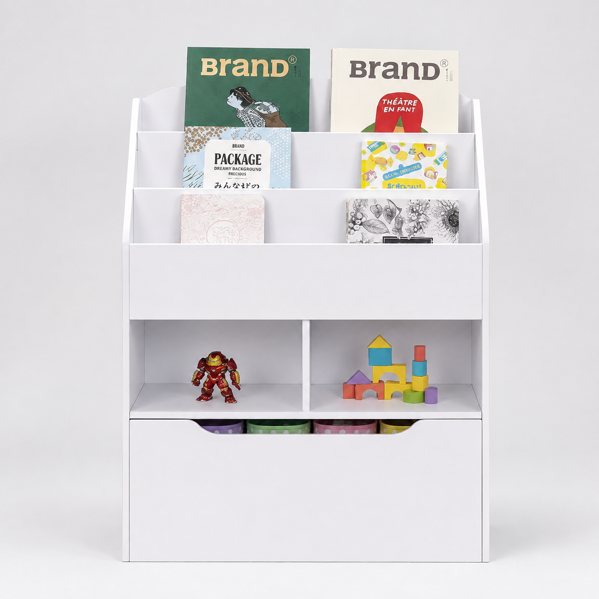 Kids Front-Facing Book Rack with Three Display Tiers, Two Open Toy Compartments and Large Bottom Storage Drawer in White Finish