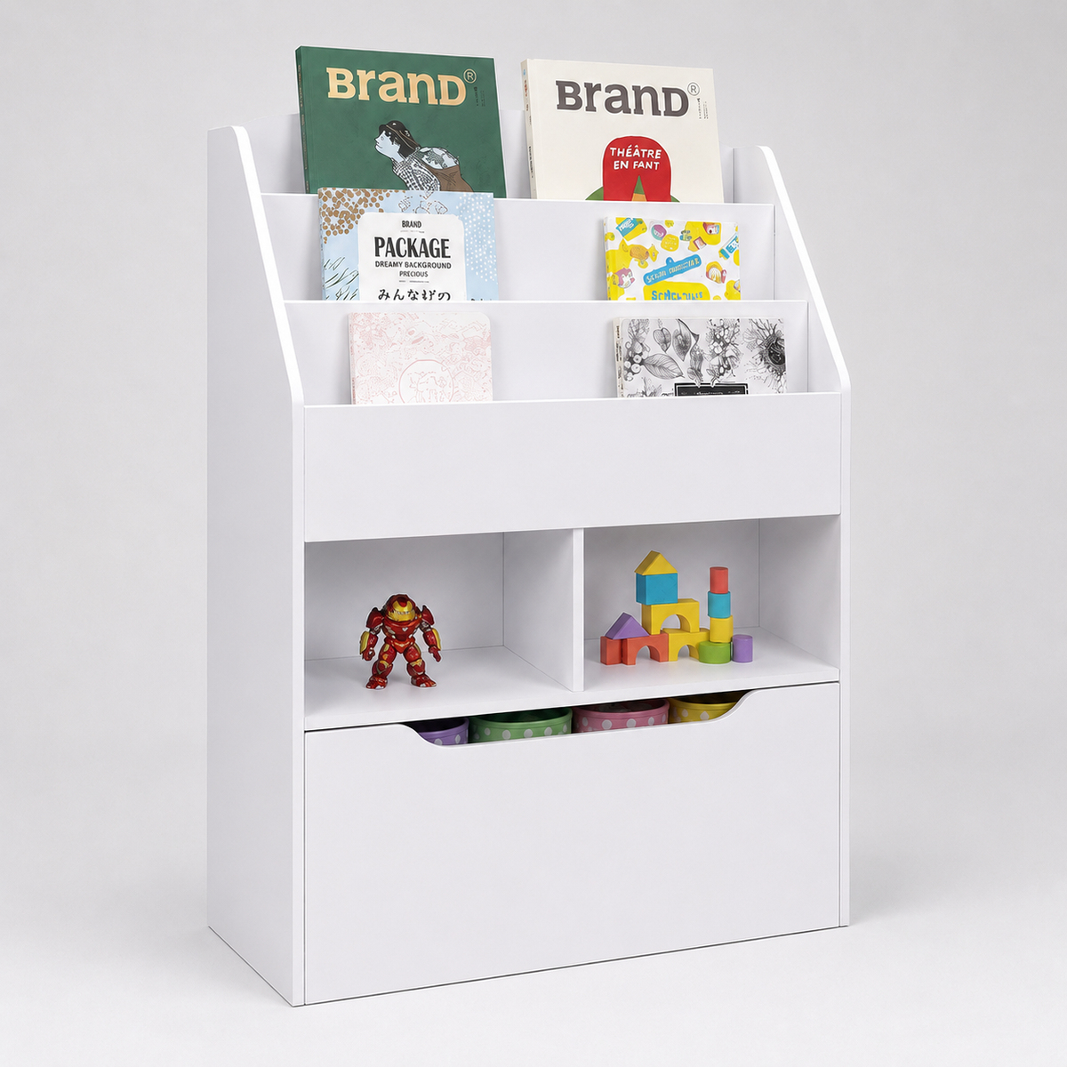 Kids Front-Facing Book Rack with Three Display Tiers, Two Open Toy Compartments and Large Bottom Storage Drawer in White Finish