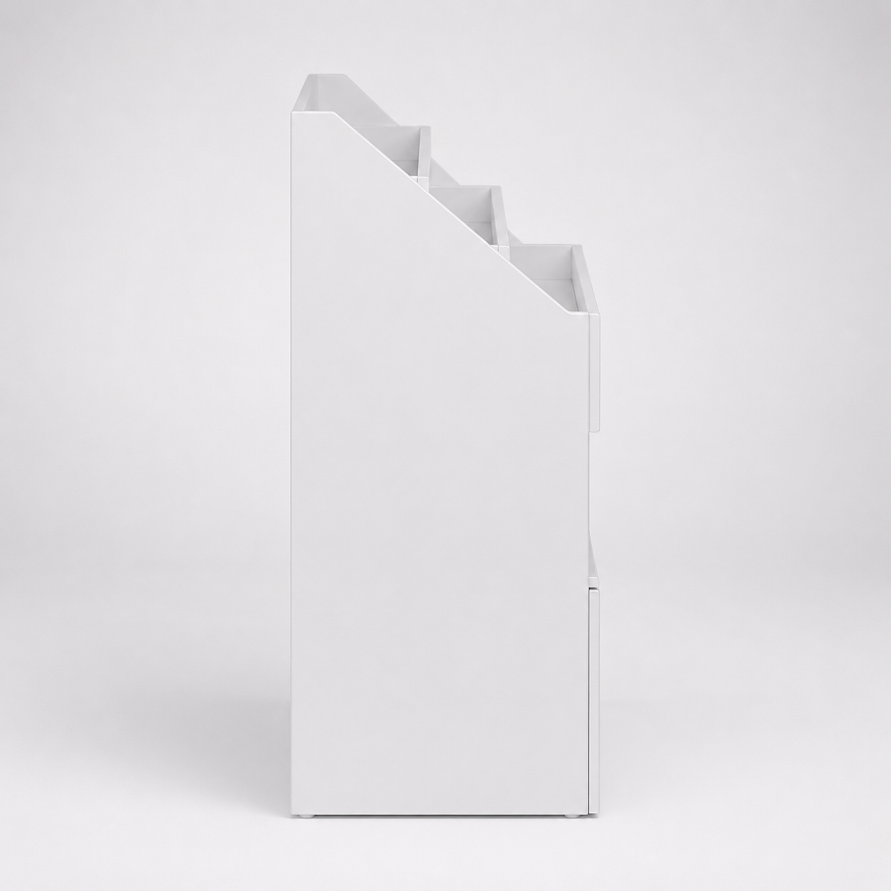 Kids Front-Facing Book Rack with Three Display Tiers, Two Open Toy Compartments and Large Bottom Storage Drawer in White Finish