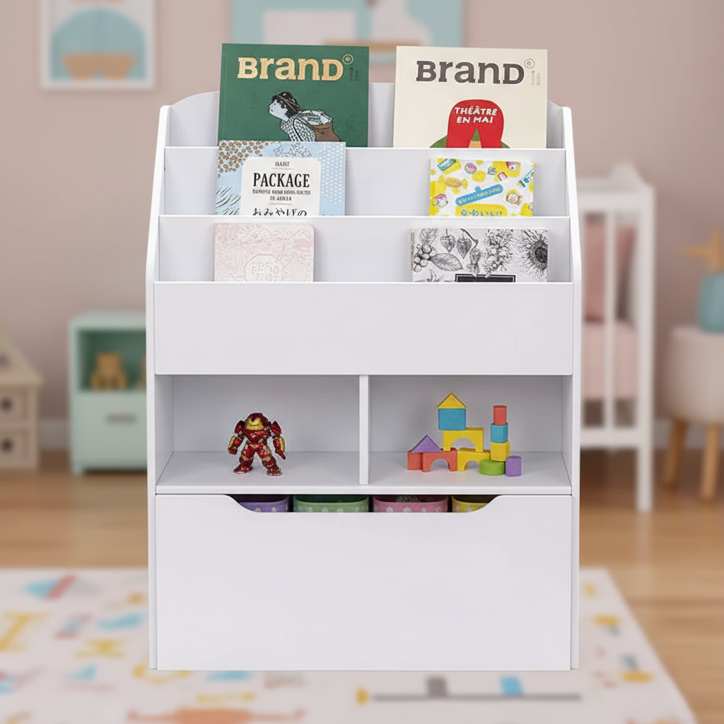 Kids Bookcase with Front-Facing Book Display, Open Shelves and Storage Drawer in White - Children’s Bookshelf Organizer for Books, Toys and Learning Essentials