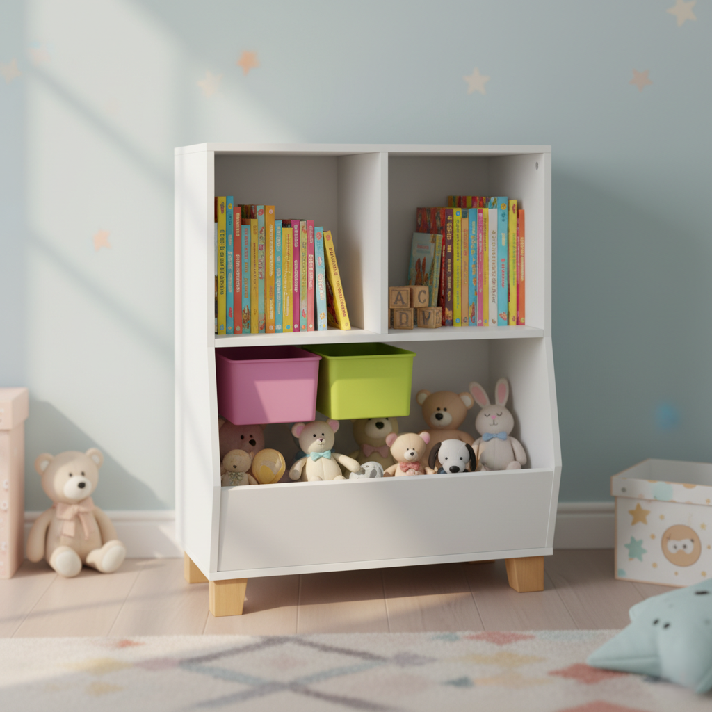 Kids Bookcase with Open Shelves and Lower Storage Bin in White - Children’s Bookshelf Organizer for Books, Toys and Daily Essentials