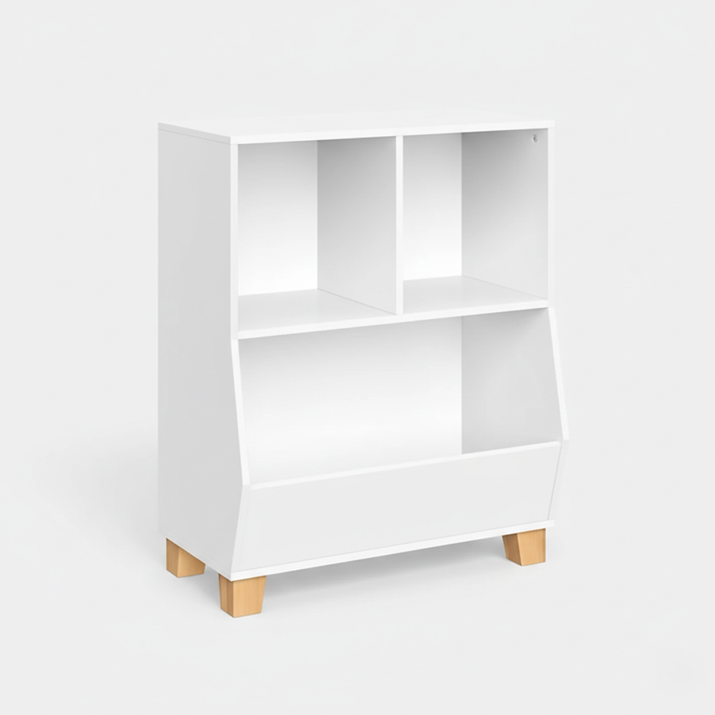 Kids Bookcase with Open Shelves and Lower Storage Bin in White - Children’s Bookshelf Organizer for Books, Toys and Daily Essentials