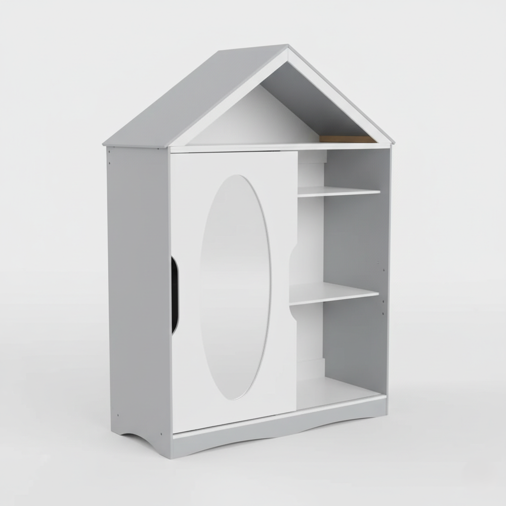 Kids House-Shaped Bookcase with Open Shelves and Enclosed Storage in White and Grey - Children’s Bookshelf Organizer for Books, Toys and Daily Essentials