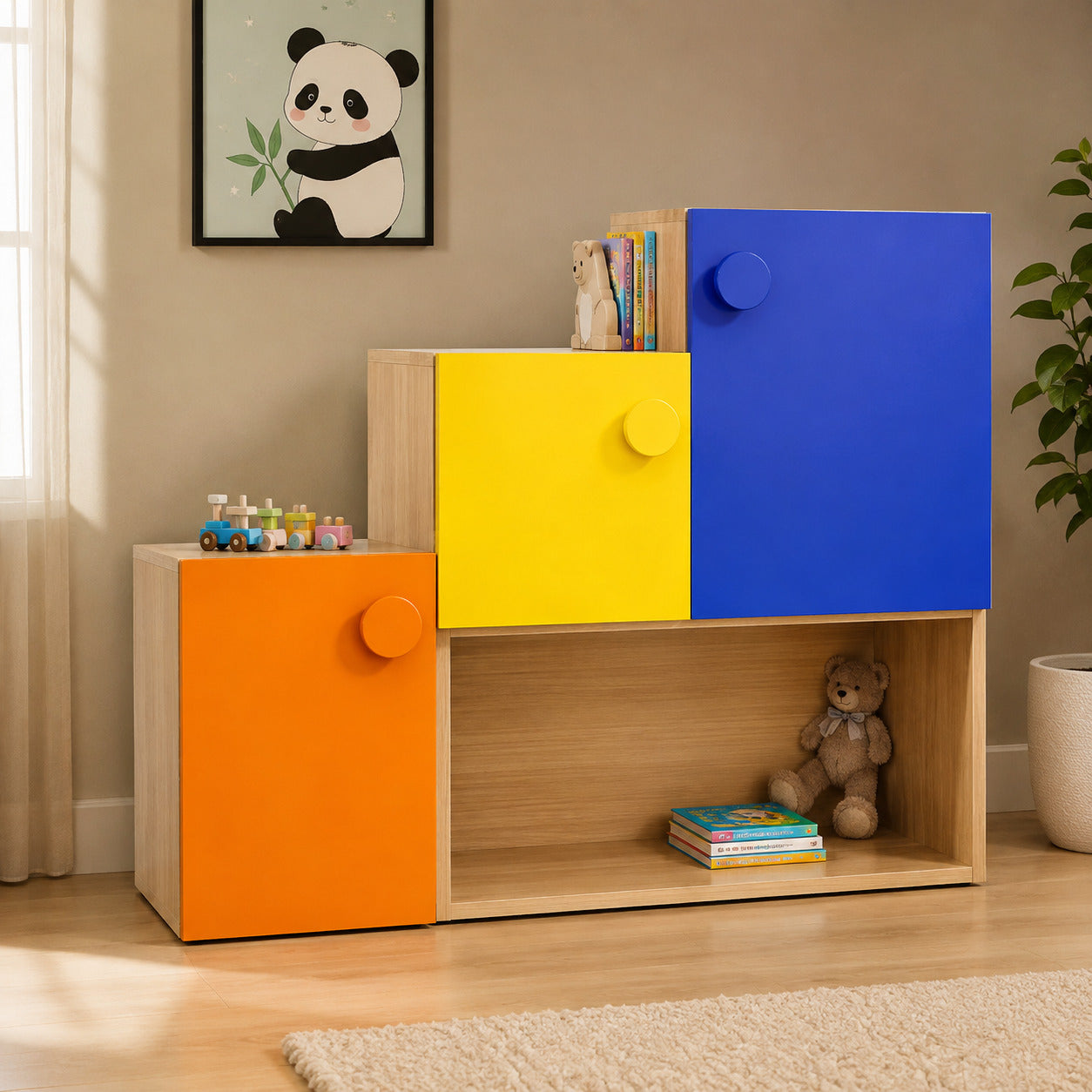 Kids Storage Cabinet in Multicolour with Open & Closed Storage, Pre-Laminate Particle Board Toy & Book Organizer for Kids Room, Playroom & Study Area