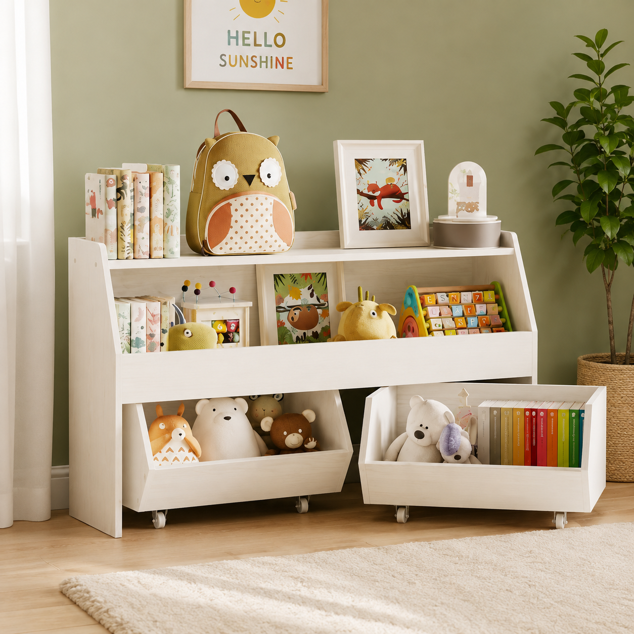 Kids Toy Storage Organizer in White with Large Open Shelves, Wheeled Storage Bins & Book Rack for Kids Room, Playroom, Nursery & Study Area