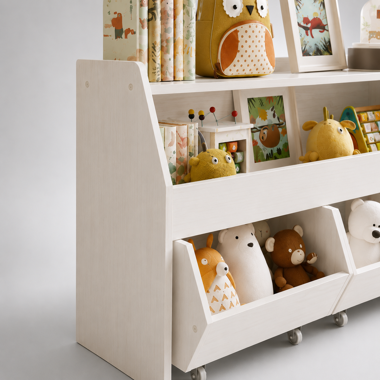 Kids Toy Storage Organizer in White with Large Open Shelves, Wheeled Storage Bins & Book Rack for Kids Room, Playroom, Nursery & Study Area