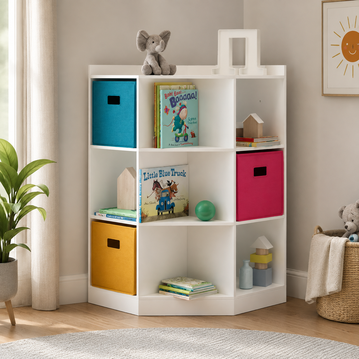 Kids Corner Storage Cabinet in White with 9 Open Shelves, Space-Saving Toy & Book Organizer for Kids Room, Playroom, Nursery & Study Area
