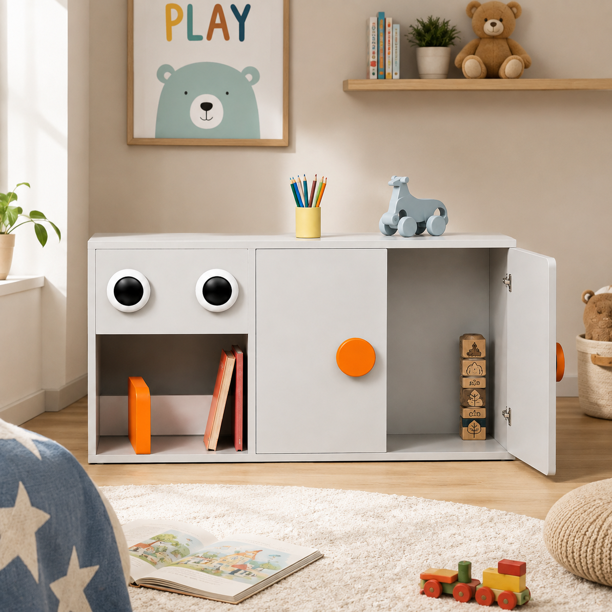Kids Activity Storage Cabinet in White with Open Shelves & Playful Design, Low Height Toy & Book Organizer for Kids Room, Playroom & Nursery