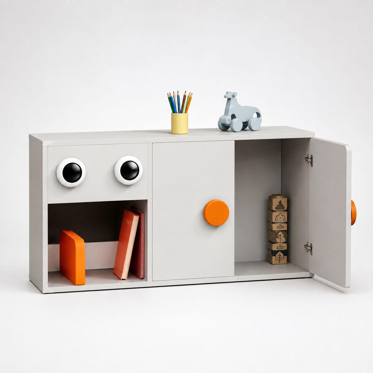 Kids Activity Storage Cabinet in White with Open Shelves & Playful Design, Low Height Toy & Book Organizer for Kids Room, Playroom & Nursery
