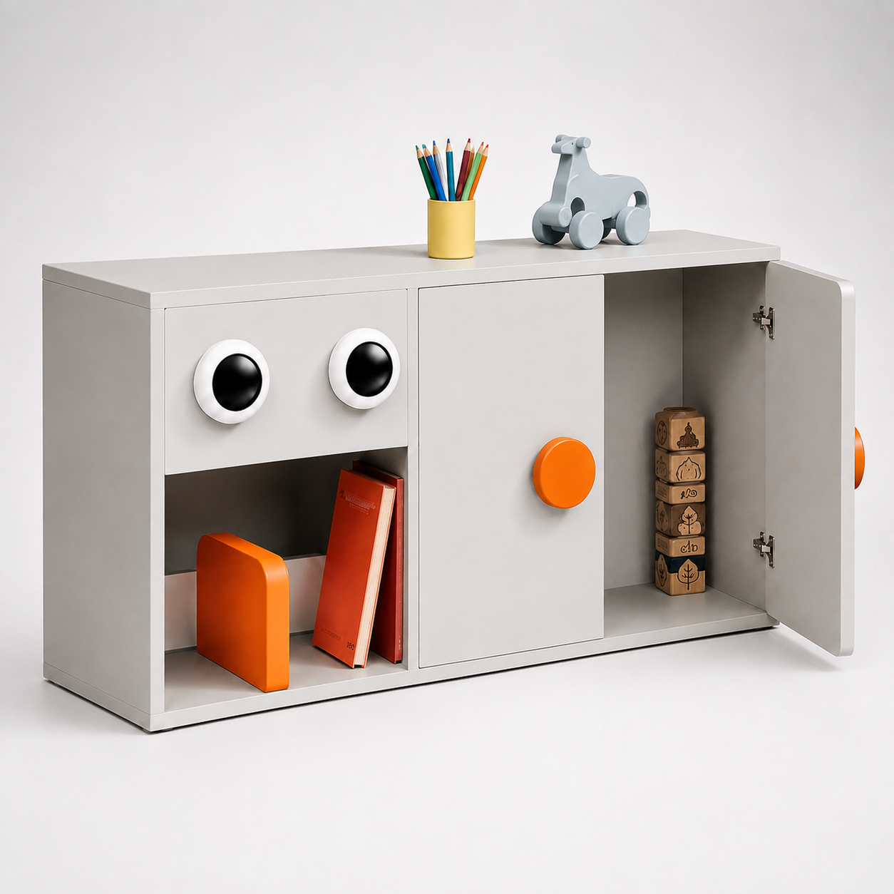 Kids Activity Storage Cabinet in White with Open Shelves & Playful Design, Low Height Toy & Book Organizer for Kids Room, Playroom & Nursery
