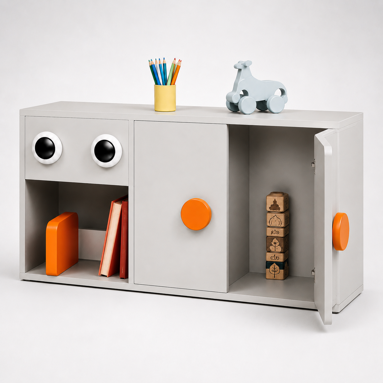 Kids Activity Storage Cabinet in White with Open Shelves & Playful Design, Low Height Toy & Book Organizer for Kids Room, Playroom & Nursery