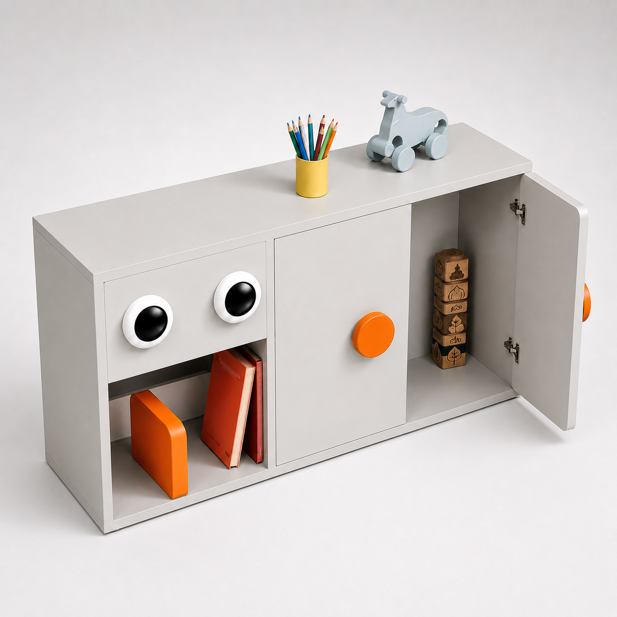 Kids Activity Storage Cabinet in White with Open Shelves & Playful Design, Low Height Toy & Book Organizer for Kids Room, Playroom & Nursery