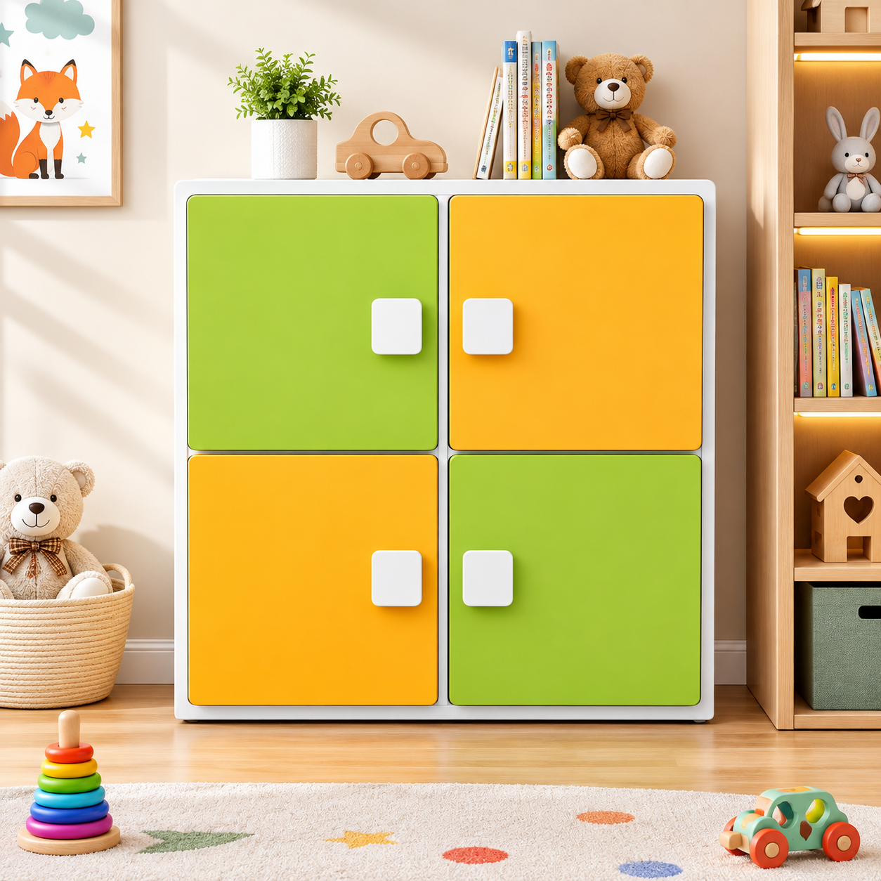 Kids Wall Storage Cabinet in Green & Orange with 4 Door Compartments, Space-Saving Organizer for Kids Room, Playroom, Nursery & Study Area