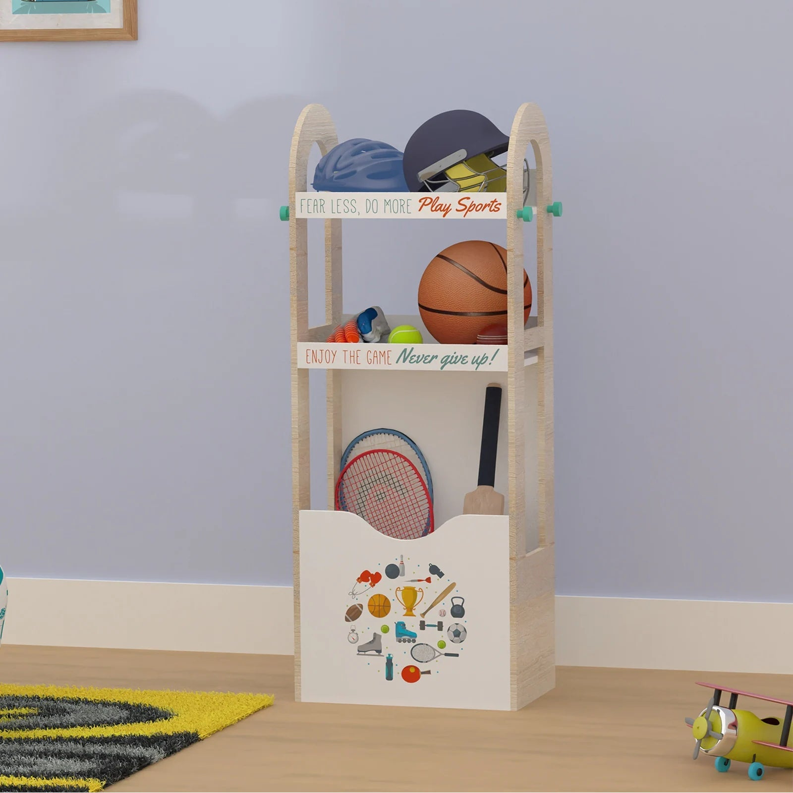 Kids Wooden Book Rack with 2 Open Shelves & Toy Storage Bin for Bedroom, Nursery & Classroom, Natural Oak White Finish
