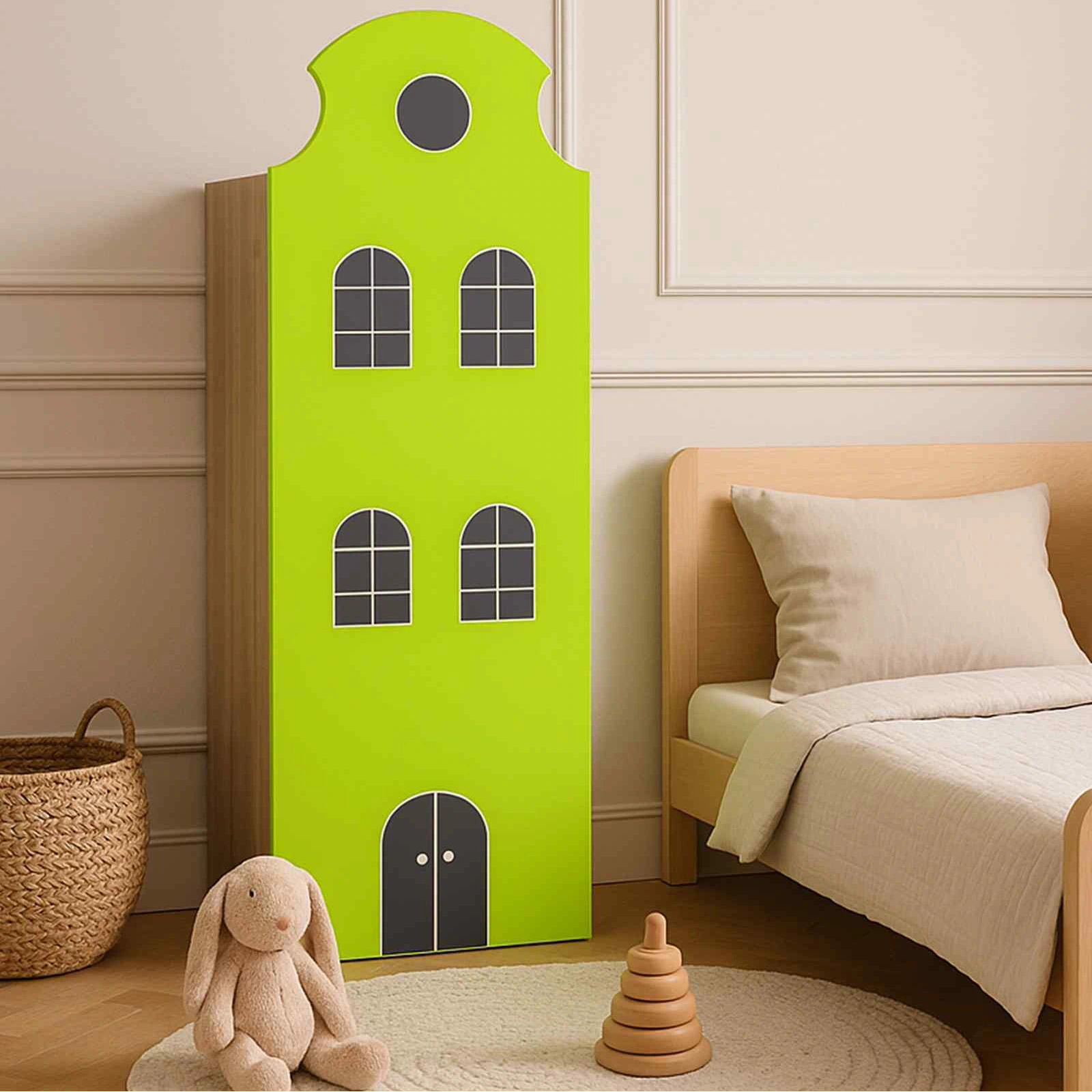 Kids House-Shaped Storage Cabinet with 3 Shelves & Enclosed Door for Bedroom, Nursery & Playroom, Natural Oak Green Finish