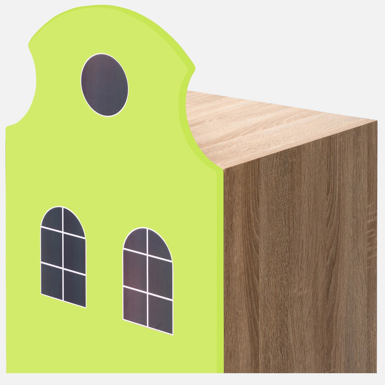 Kids House-Shaped Storage Cabinet with 3 Shelves & Enclosed Door for Bedroom, Nursery & Playroom, Natural Oak Green Finish