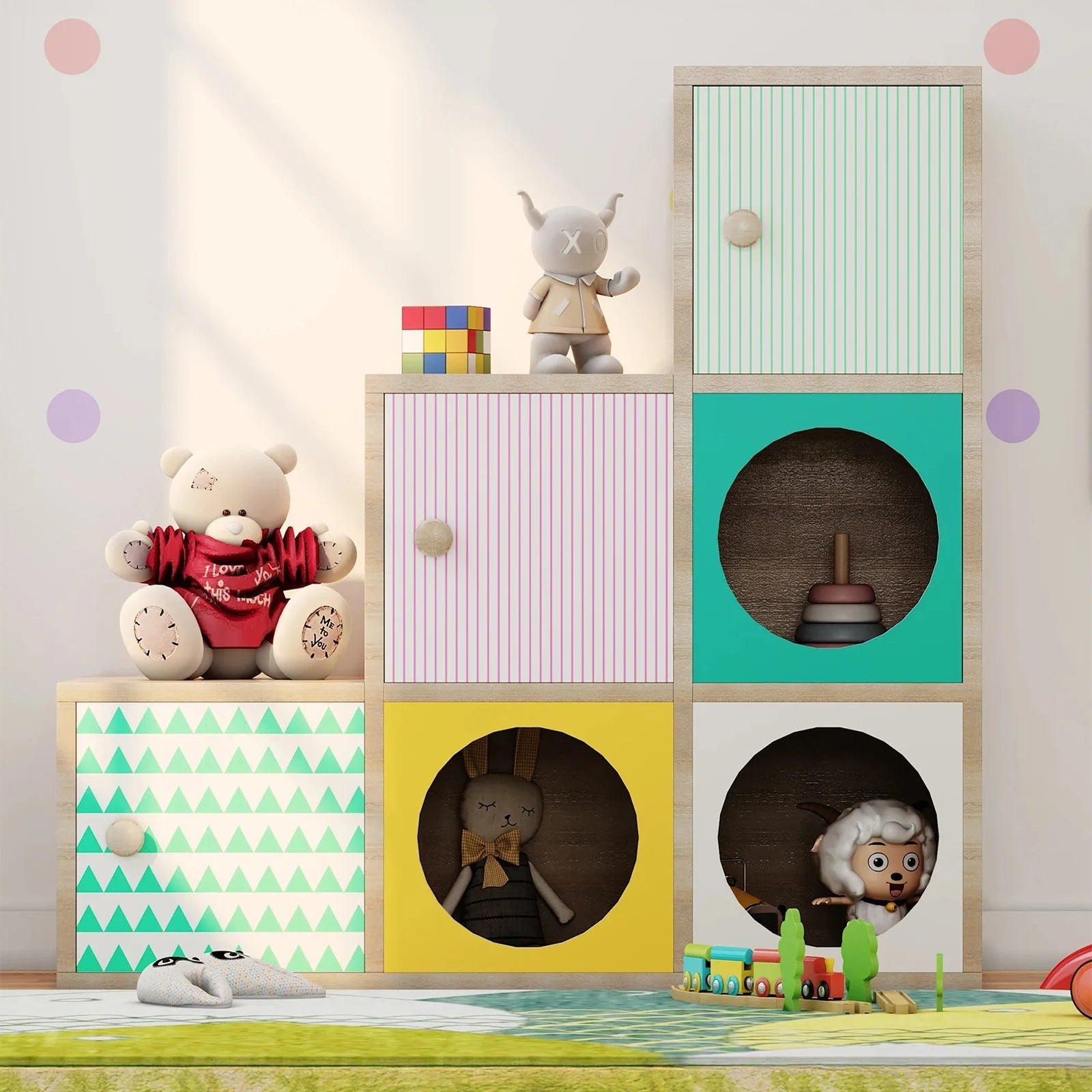 Kids Modular Storage Cabinet with 6 Cubes & Enclosed Doors for Bedroom, Nursery & Playroom, Natural Oak Multi-Color Finish