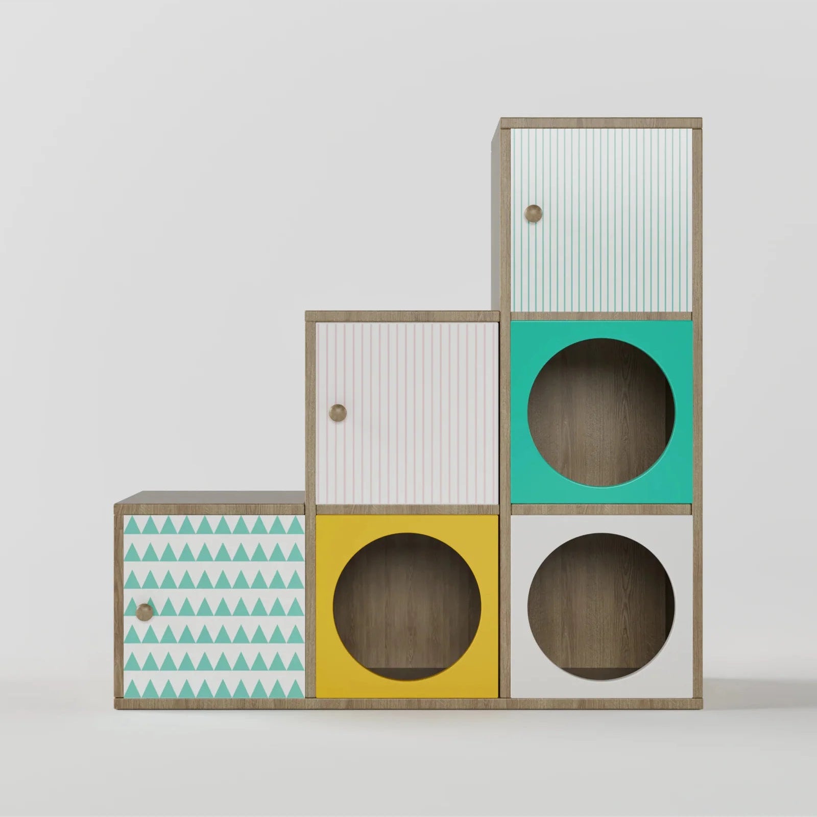 Kids Modular Storage Cabinet with 6 Cubes & Enclosed Doors for Bedroom, Nursery & Playroom, Natural Oak Multi-Color Finish